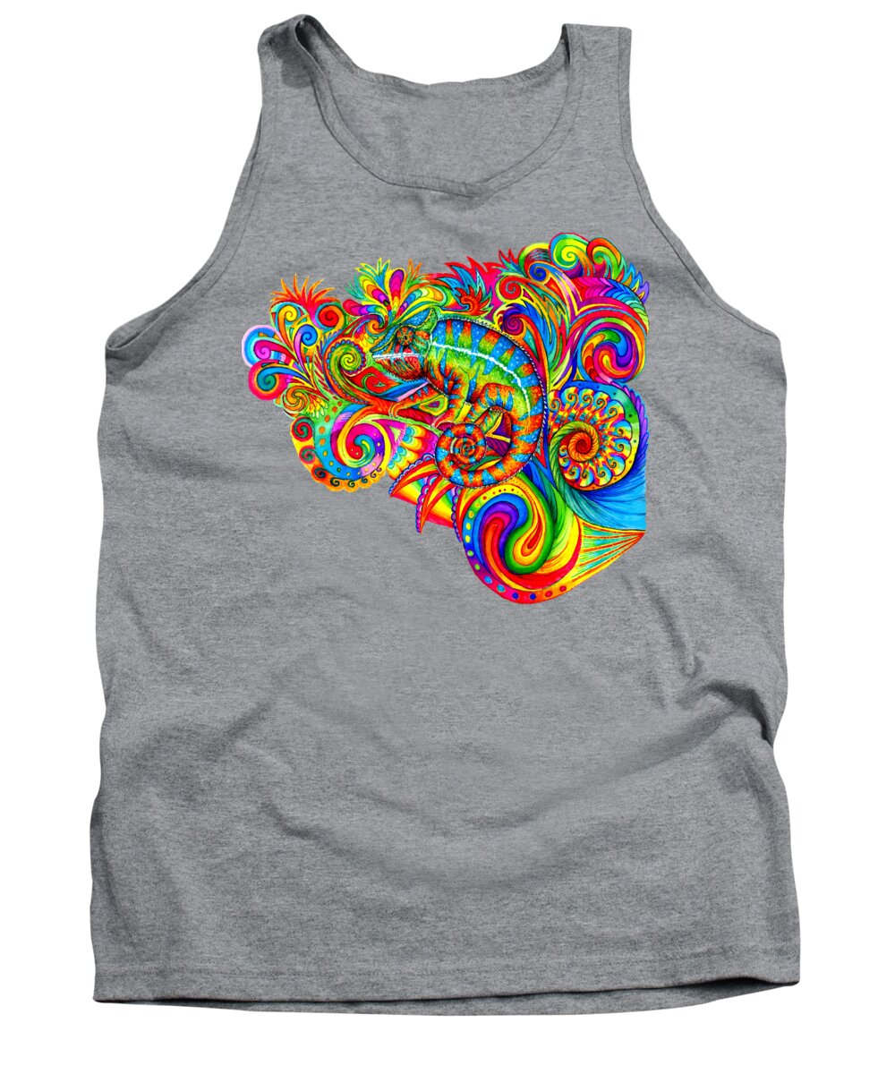 Chameleon Tank Top featuring the drawing Psychedelizard - Psychedelic Rainbow Chameleon by Rebecca Wang