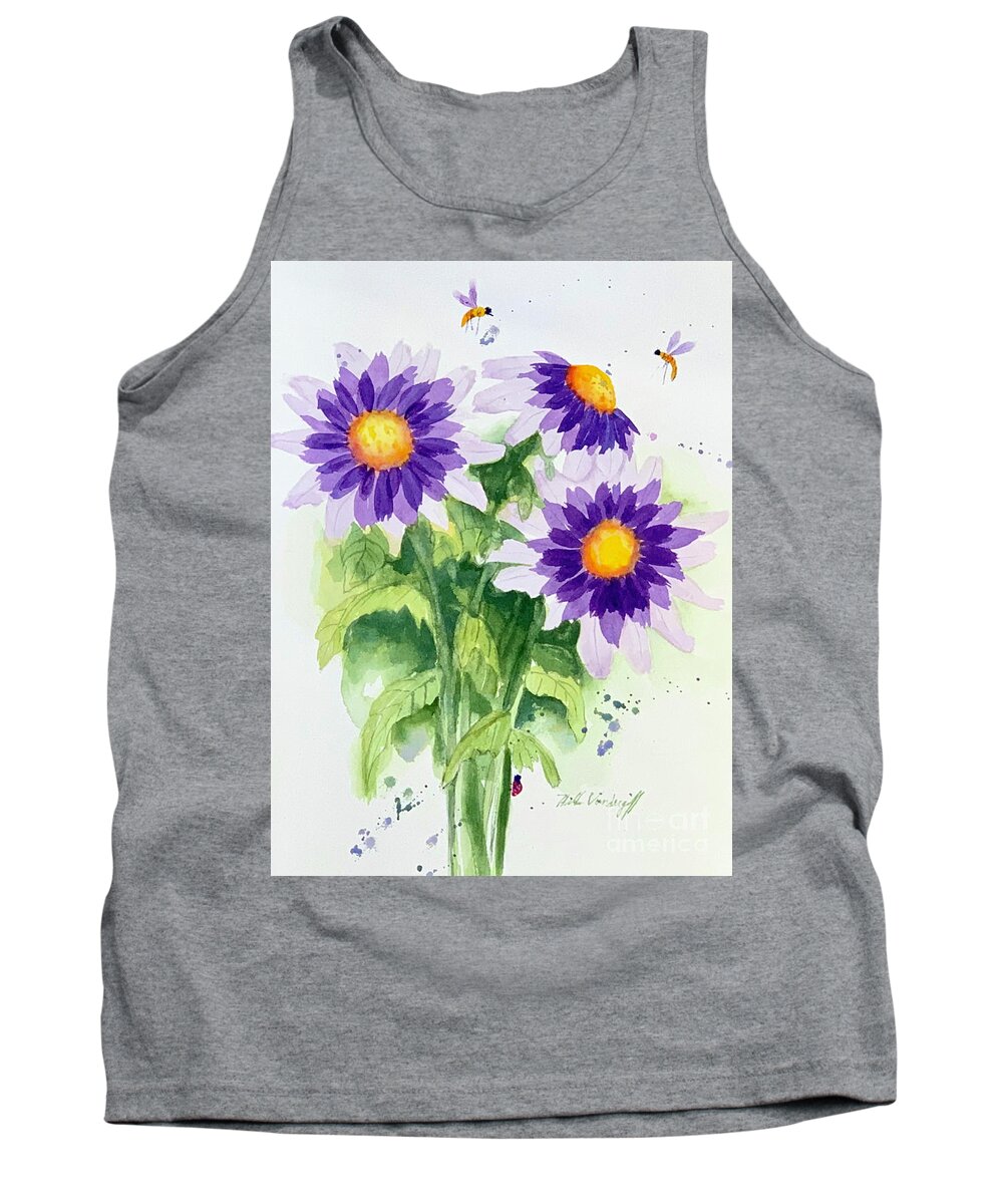 Purple Tank Top featuring the painting Purple Daisies and Insects by Hilda Vandergriff