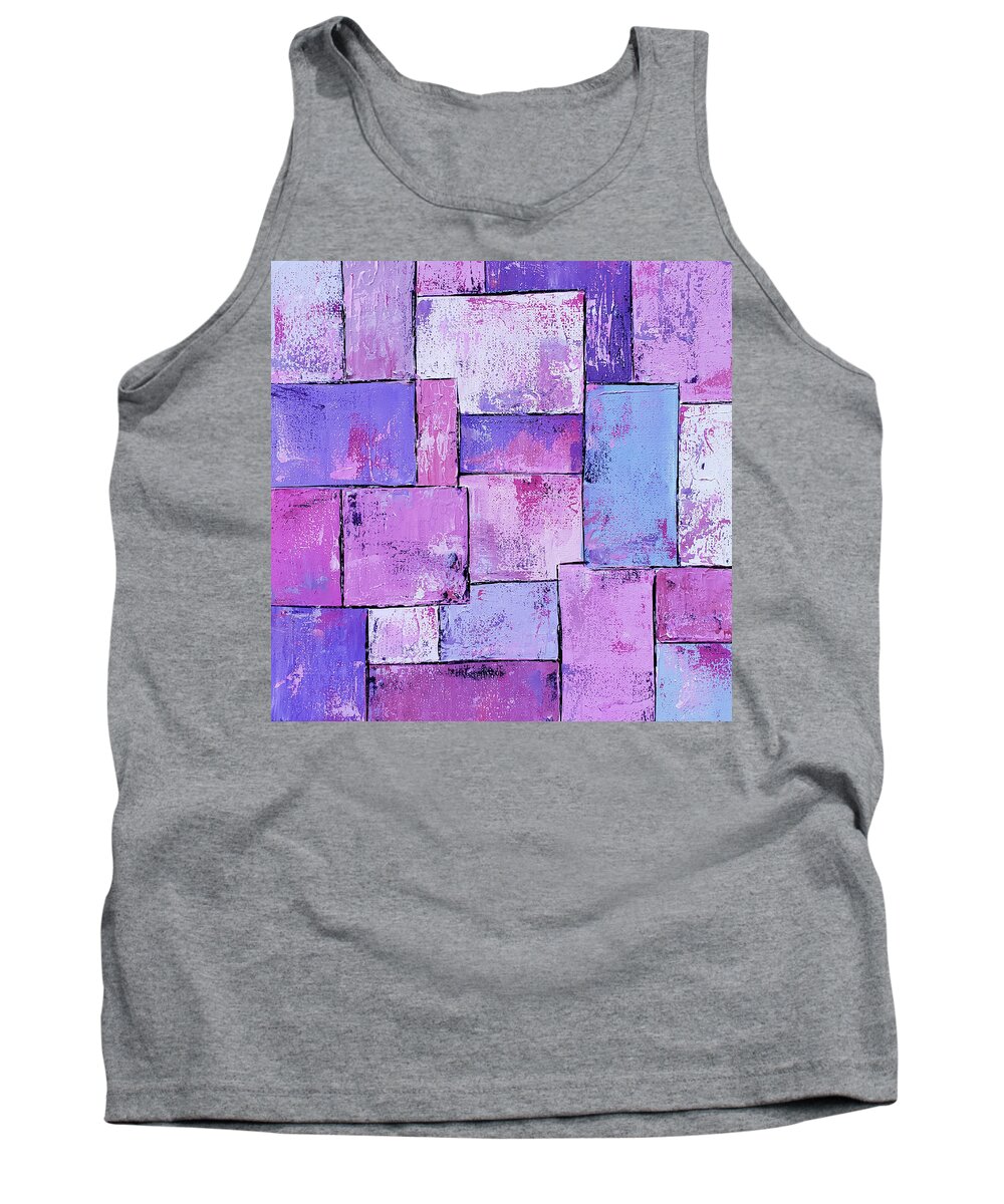 Pink Abstract Tank Top featuring the painting QUILTED Abstract Squares in Pink Purple Lavender Lilac by Lynnie Lang
