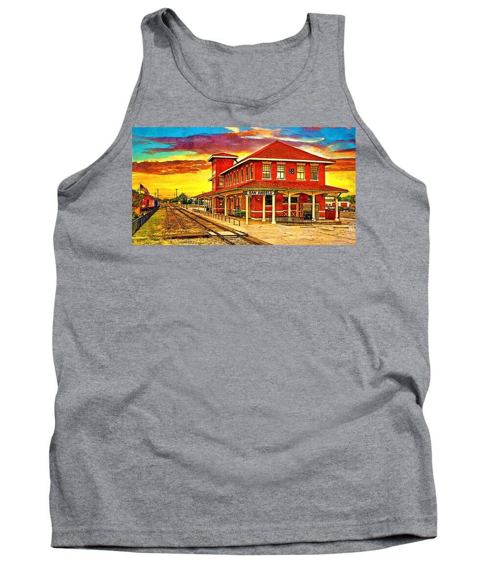 Railway Museum Tank Top featuring the digital art Railway Museum of San Angelo, Texas, at sunset - digital painting by Nicko Prints