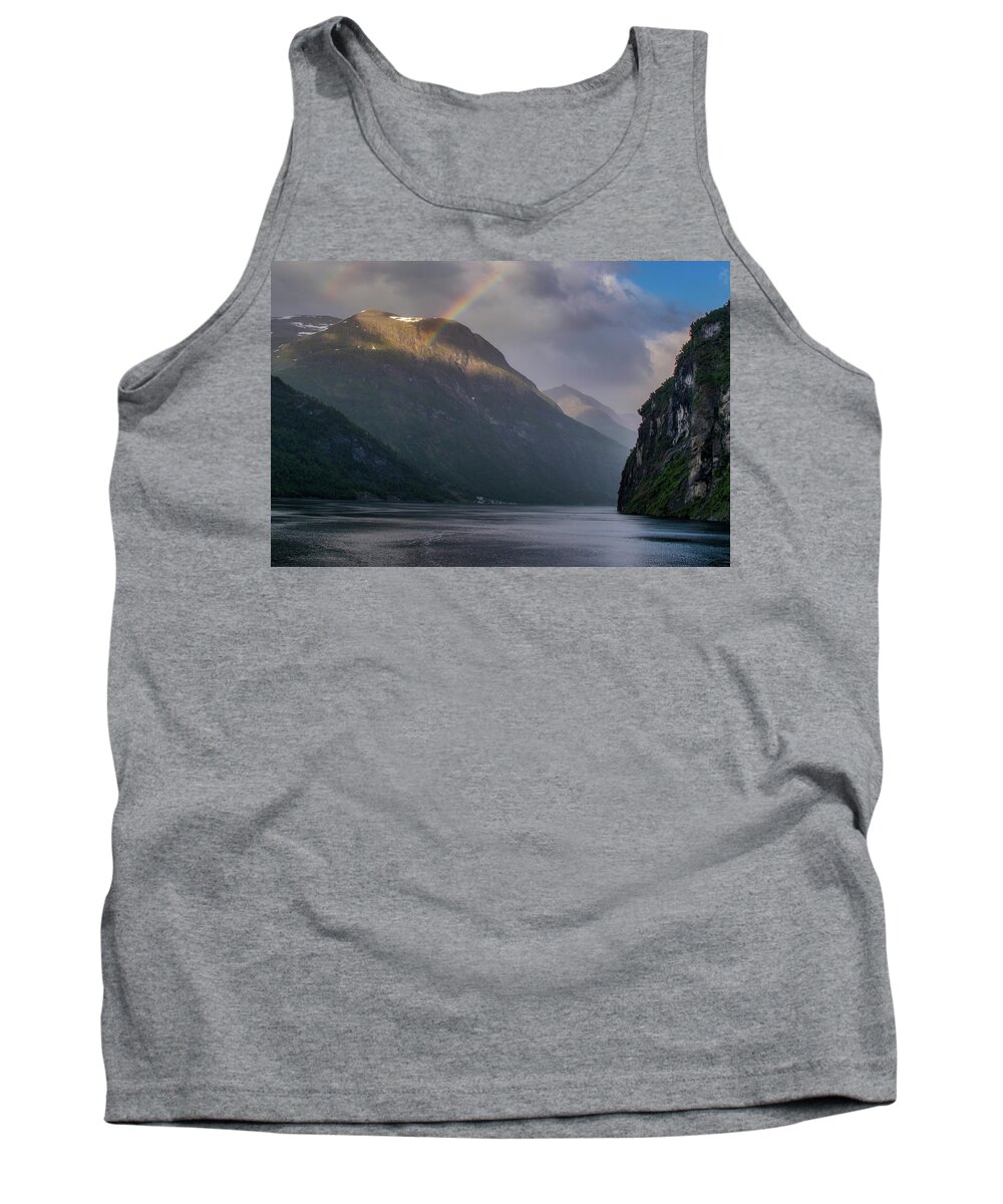 Clouds Tank Top featuring the photograph Rainbow on the Fjord by Matthew DeGrushe