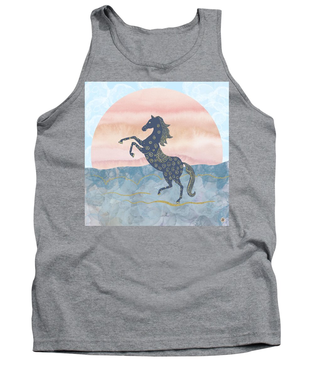 Rearing Horse Tank Top featuring the digital art Rearing Horse in the Morning Sun - Gold Ornamental Theme by Andreea Dumez
