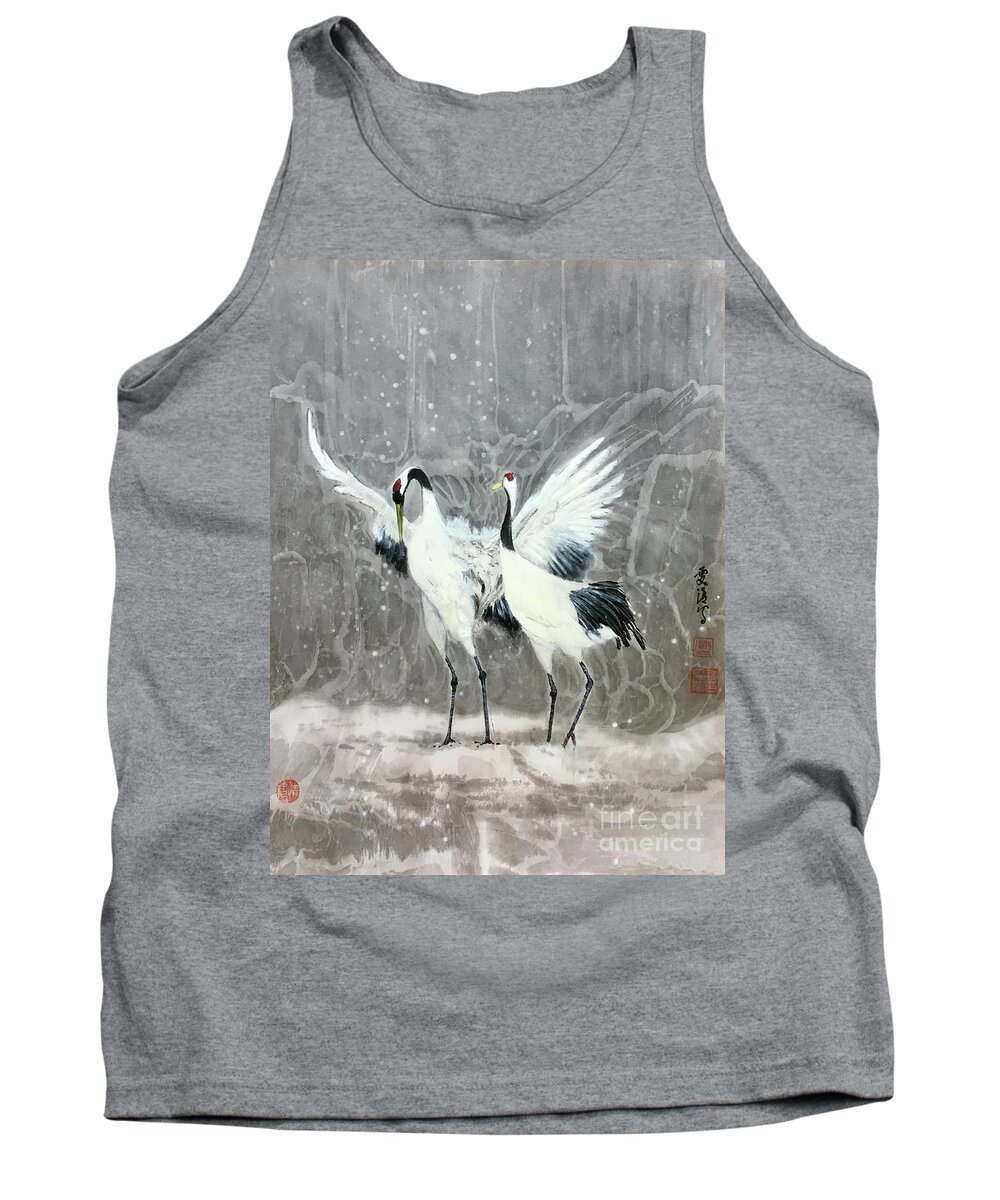 Red-crowned Cranes Tank Top featuring the painting Red-Crown Crane - 1 Sweet Quiet Moment by Carmen Lam
