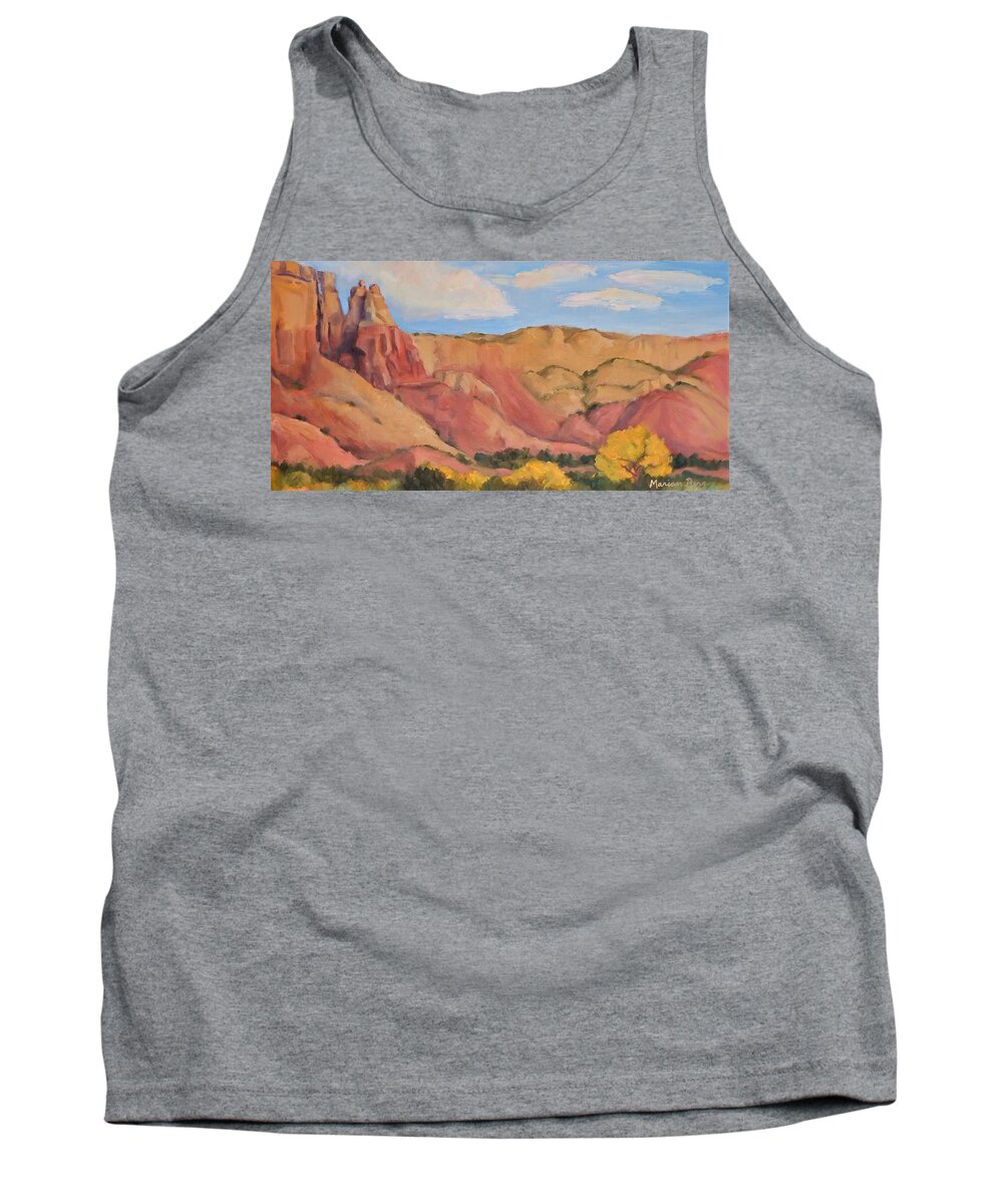 Plein Air Tank Top featuring the painting Red Hills, Golden Cottonwoods by Marian Berg