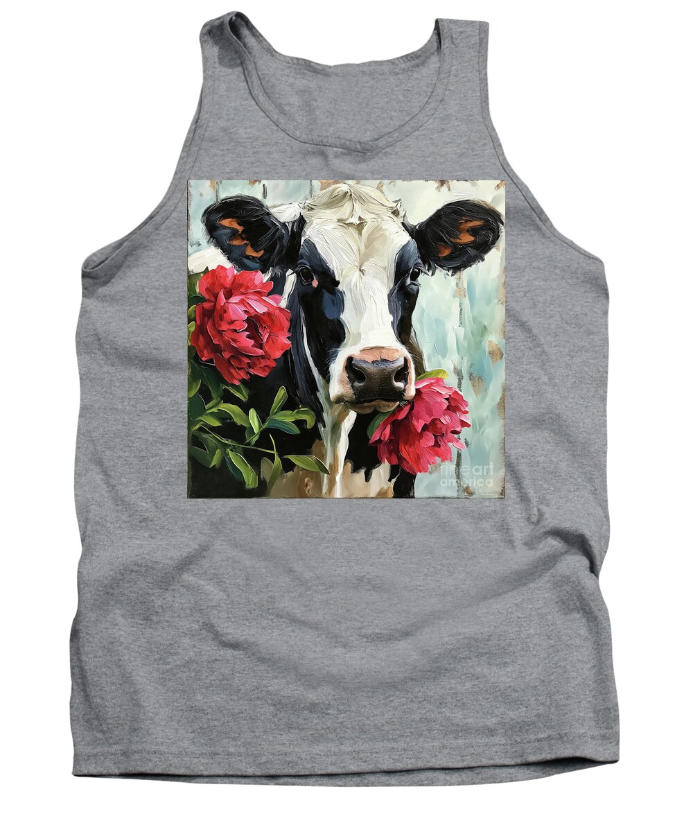 Cow Tank Top featuring the painting Red Peony Cow by Tina LeCour