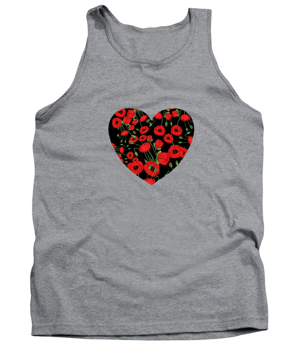 Heart And Flowers Tank Top featuring the painting Red Poppies On Black Flower Heart Watercolor Art I by Irina Sztukowski