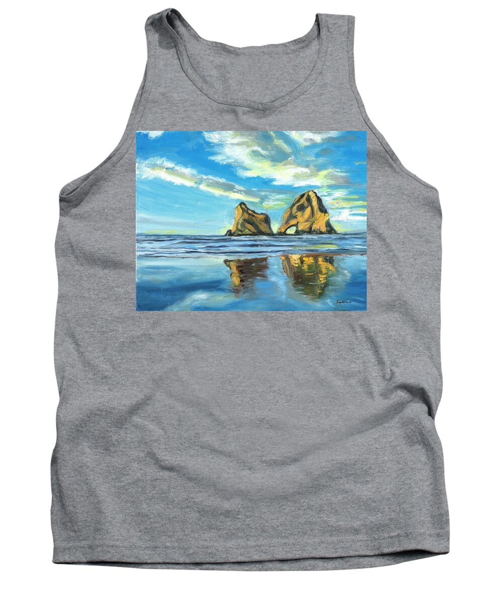 Beach Seascape Water Sky Arches Reflections Tank Top featuring the painting Reflections by Santana Star