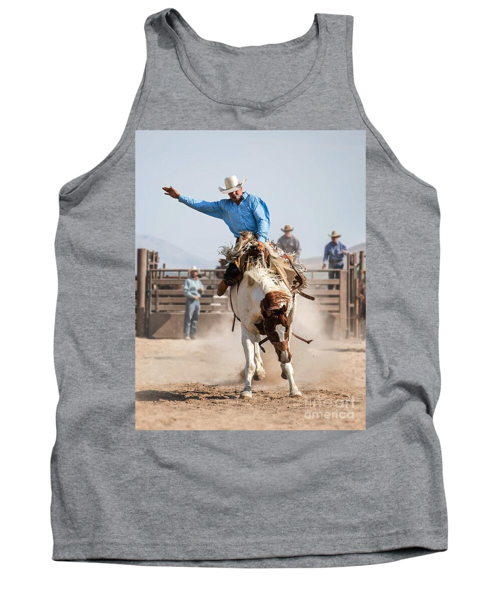 Cowboy Tank Top featuring the photograph Rodeo Cowboy on a Bucking Mustang Bronco by Diane Diederich