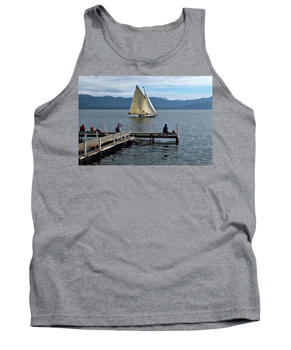 Lake Geneva Tank Top featuring the photograph Sailing on Lake Geneva at Plage de Perroy by Jeremy Hayden