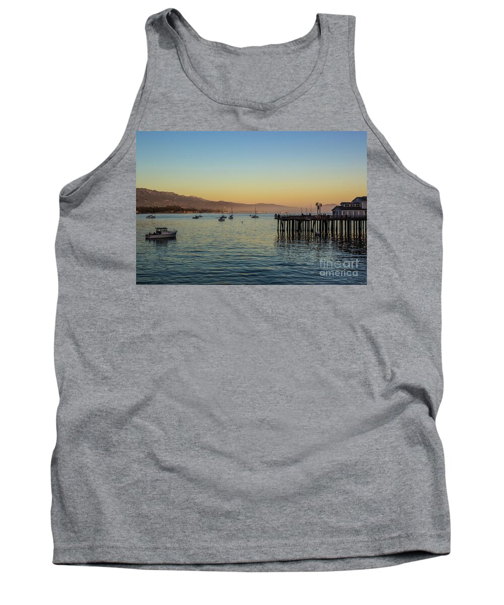 Sunset Tank Top featuring the photograph SB Wharf And Boats At Sunset by Suzanne Luft
