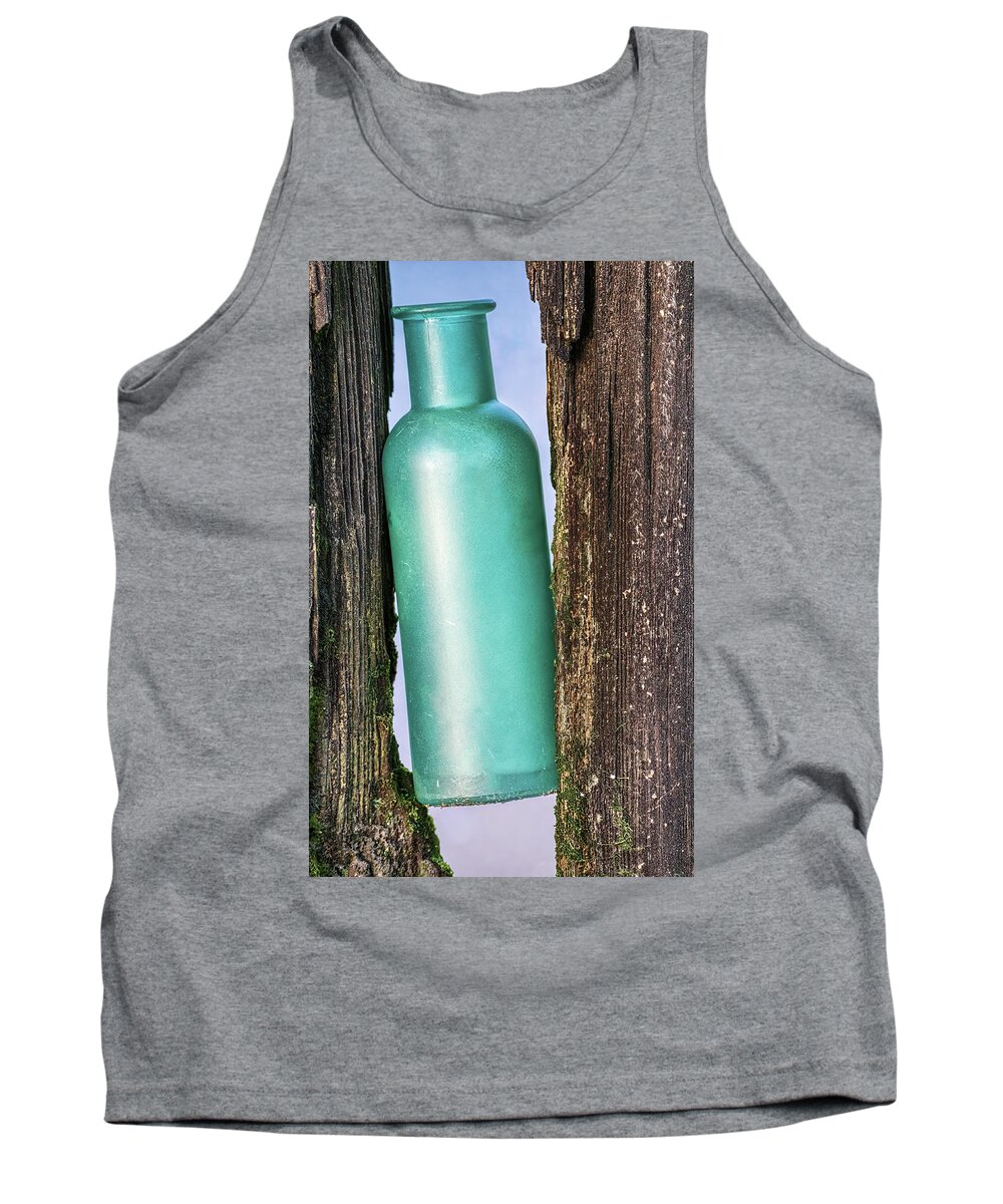 Bottle Tank Top featuring the photograph Sea Glass Bottle Caught Between Pilings by Gary Slawsky
