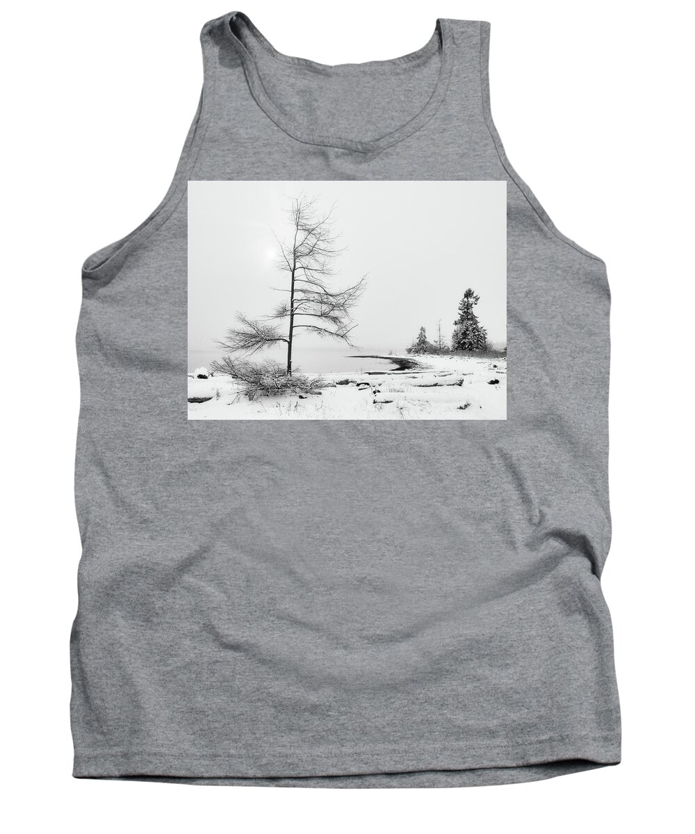 Landscape Tank Top featuring the photograph Seaborne Trees and Sun Black and White by Allan Van Gasbeck