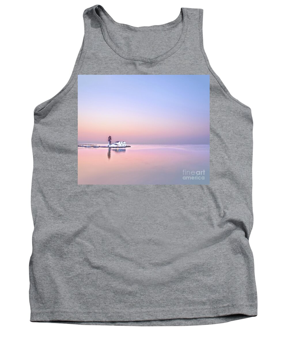 Sunrise Tree White Haven House Single Lonely Loneliness Alone Solo Solitary Relaxation Blue Sky Pink Sea Creative Unwinding Calm Serene Tranquillity Untroubled Minimalist Stylish Minimalism Glorious Impression Impressionistic Landscape Scenic Mindfulness Singular Charming Atmospheric Aesthetic Dawn Sentimental Delicate Gentle Evocative Panoramic Unspoiled Peaceful Tranquility Morning Simplicity Pastel Watercolor Conceptual Expressive Serenity Inspirational Magic Poetic Delightful Simple Seascape Tank Top featuring the photograph Serenity at dawn by Tatiana Bogracheva