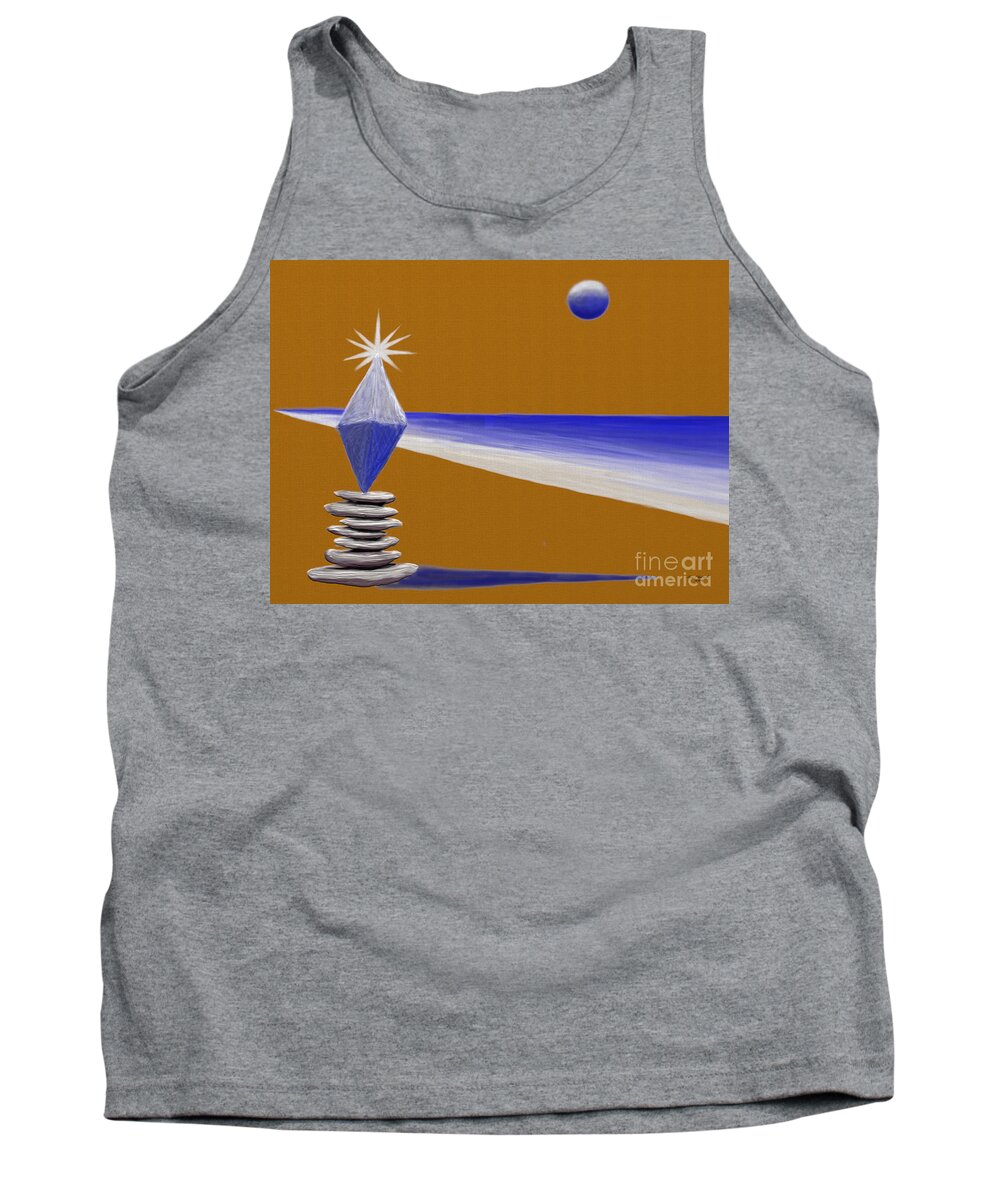 #serenity #digital #painting #abstract #zen #gold #blue #white #gray #metallic #star #sparkle #moon #sun #rays #cone #stones #piledstones #piled #ball #shadow #diamond #water #ocean #shore #sky Tank Top featuring the digital art Serenity by Gary F Richards