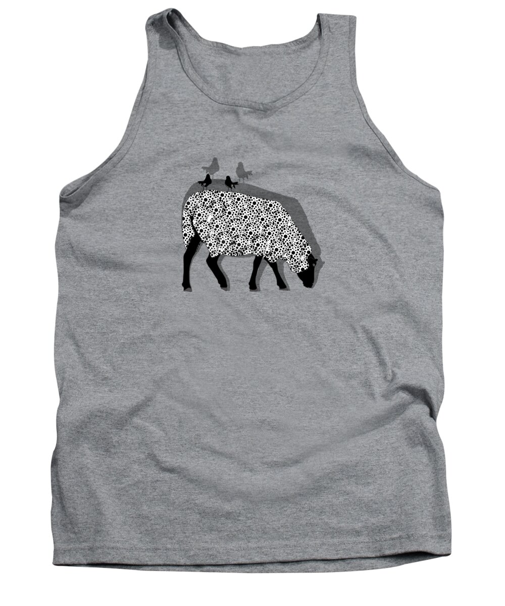 Black Faced Sheep Tank Top featuring the drawing Sheep And Two Willie Wagtails Black And White Pattern by Joan Stratton