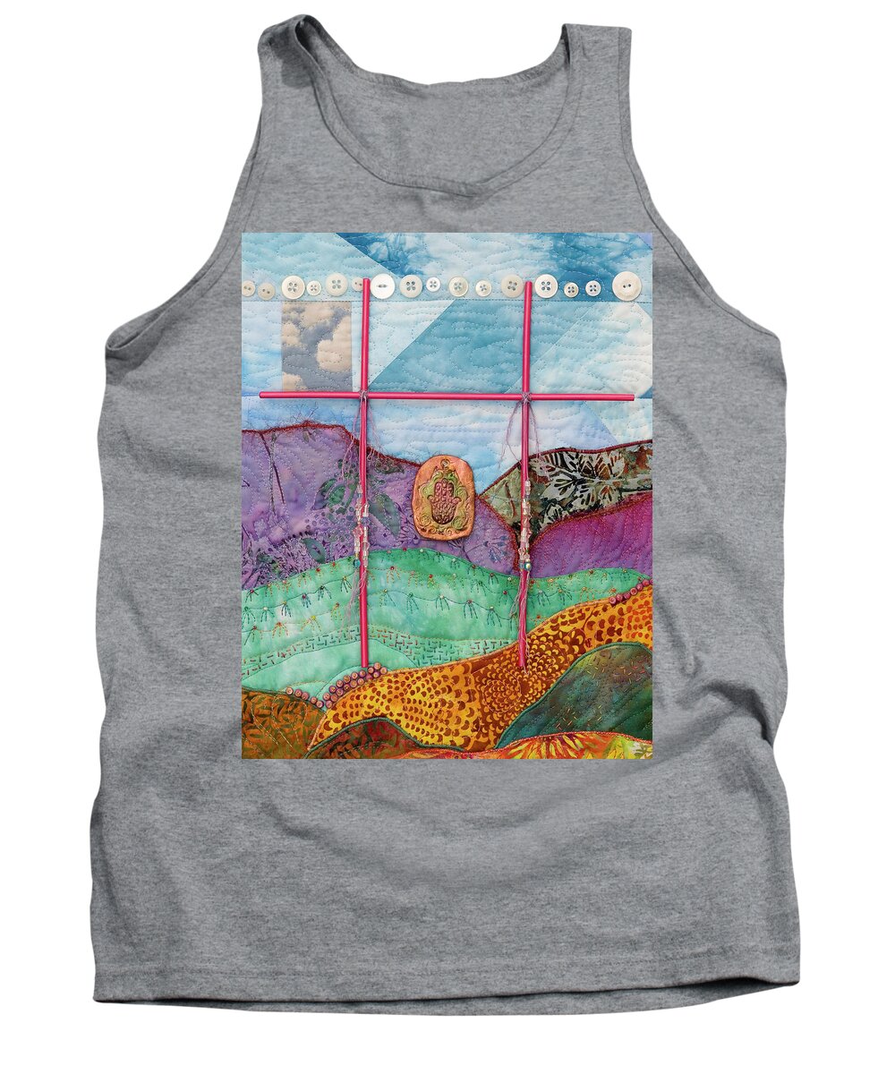 Fiber Art Tank Top featuring the mixed media Shrine to Land and Sky G by Vivian Aumond