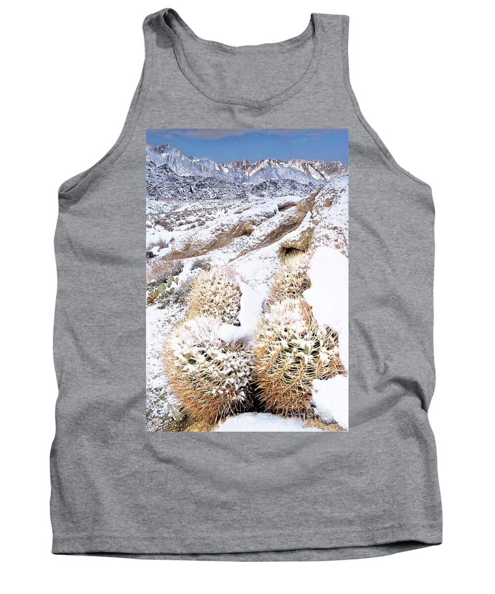 North America Tank Top featuring the photograph Snow Covered Cactus Below Mount Whitney Eastern Sierras by Dave Welling