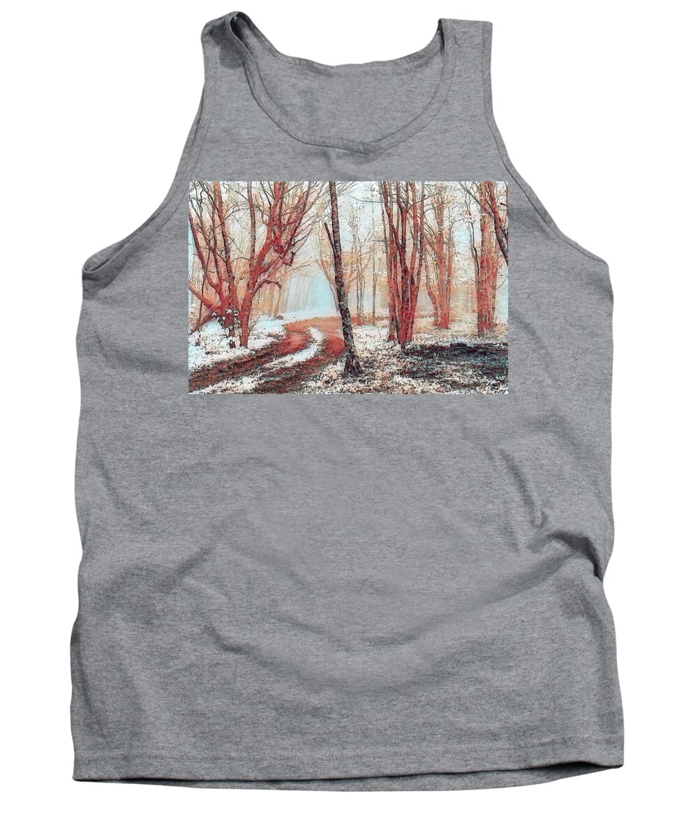 North Carolina Tank Top featuring the painting Snowy Trees in the Fog fx by Dan Carmichael