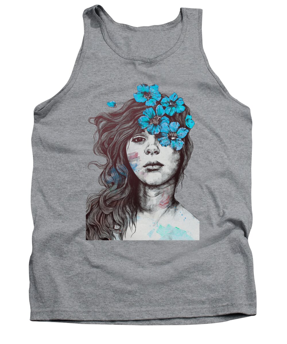 Flower Girl Tank Top featuring the drawing Softly Spoken Agony blue - flower girl pencil portrait by Marco Paludet
