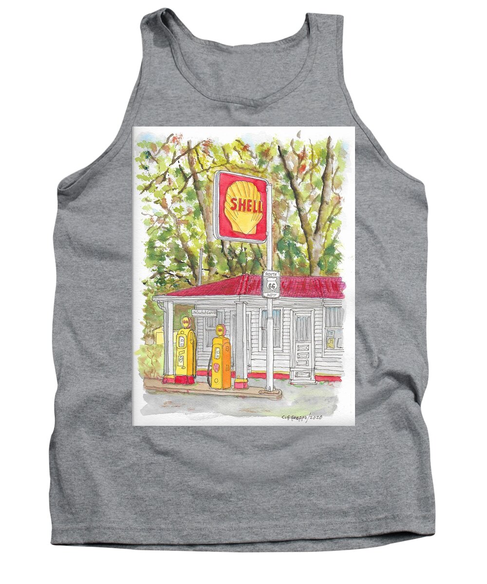 Soulsby Gas Station Tank Top featuring the painting Soulsby Station on Route 66, Mount Oliva, Illinois by Carlos G Groppa