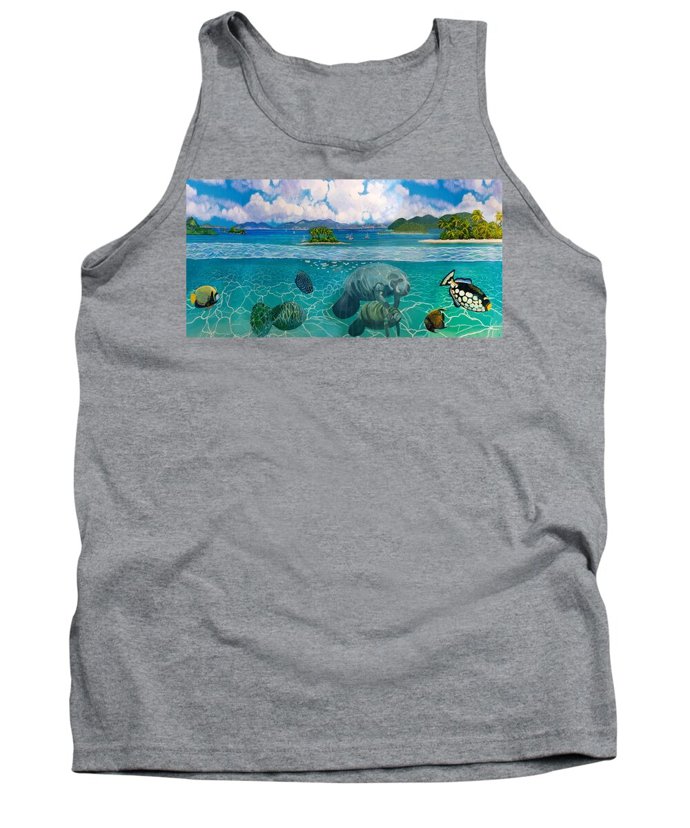 Manatees Tank Top featuring the painting South Pacific Paradise with Manatees Towel Version by Bonnie Siracusa