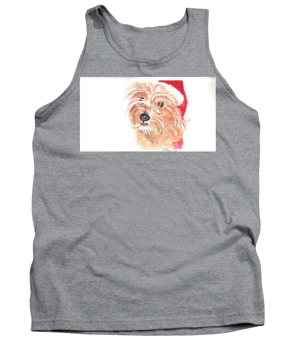 Dog Tank Top featuring the painting Sparky Lionel Urban Christmas Hat by Tambra Nicole Kendall