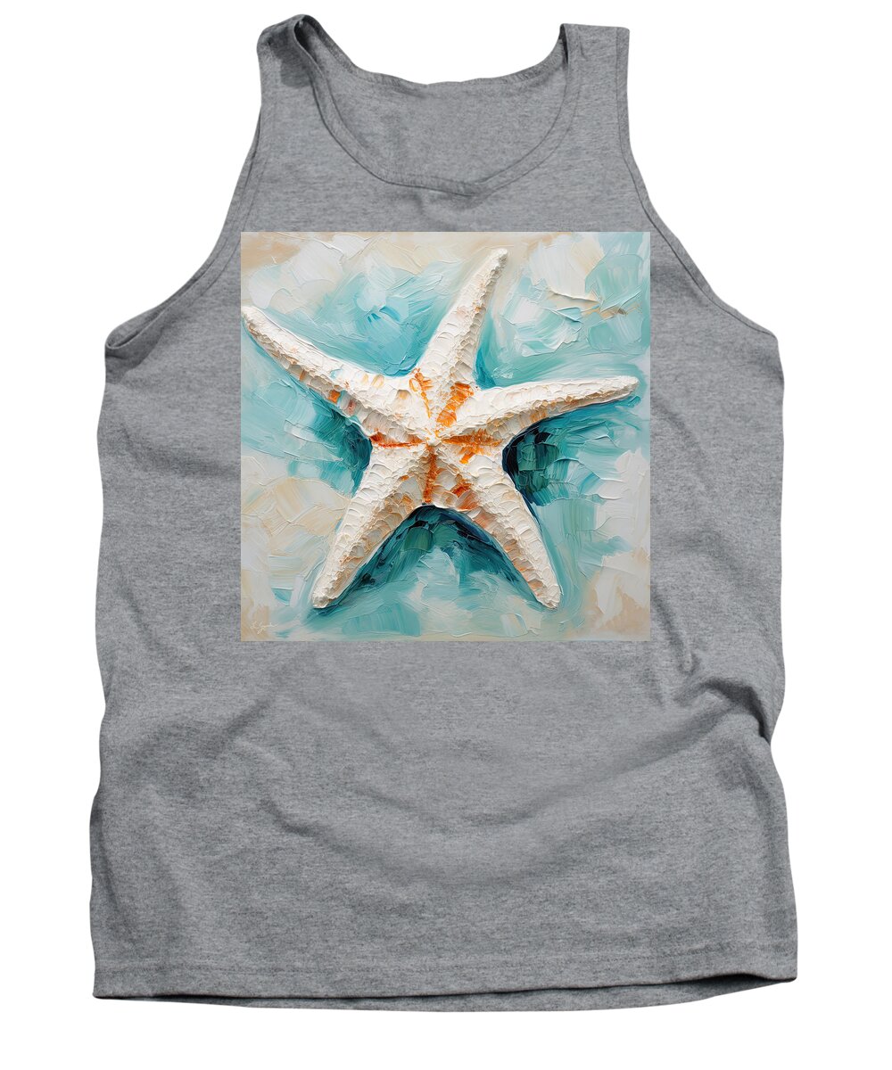 Seashell Tank Top featuring the painting Starfish Serenade - Teal and Orange Art by Lourry Legarde