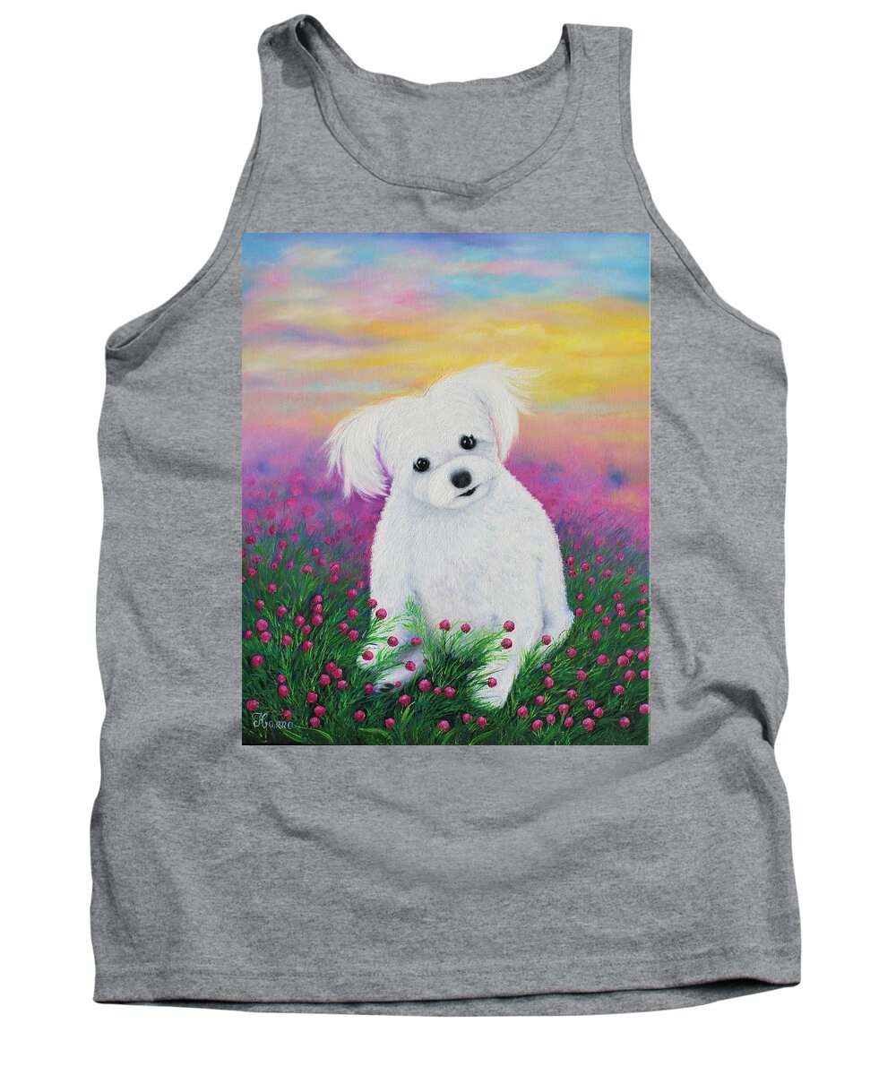 Wall Art Home Décor Dogs White Dog Oil Painting Animals White Animals Cute Dogs Flower Pink Flower Field Wildflowers Gift Idea Tank Top featuring the painting Sugar by Tanya Harr