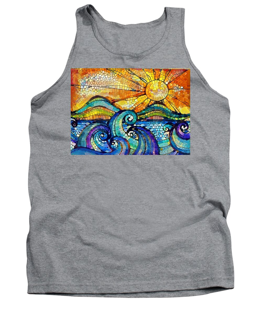 Cbs News Sunday Morning Image Sun Art With Waves Tank Top featuring the mixed media Sun With Waves Digital Painting by Sandi OReilly