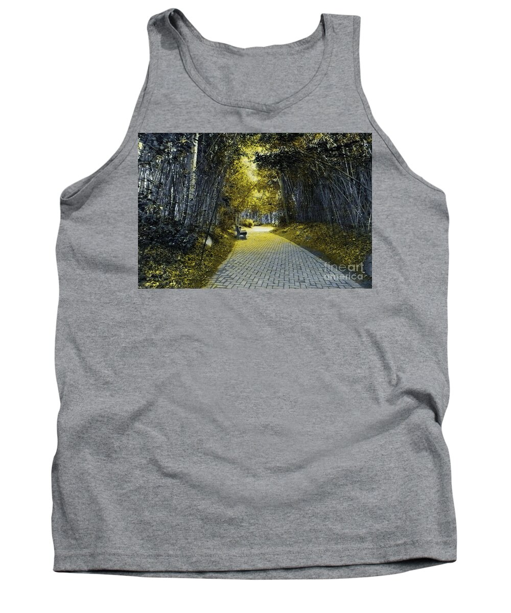 Bench Tank Top featuring the mixed media Sunlit Path through the Bamboo by Bentley Davis