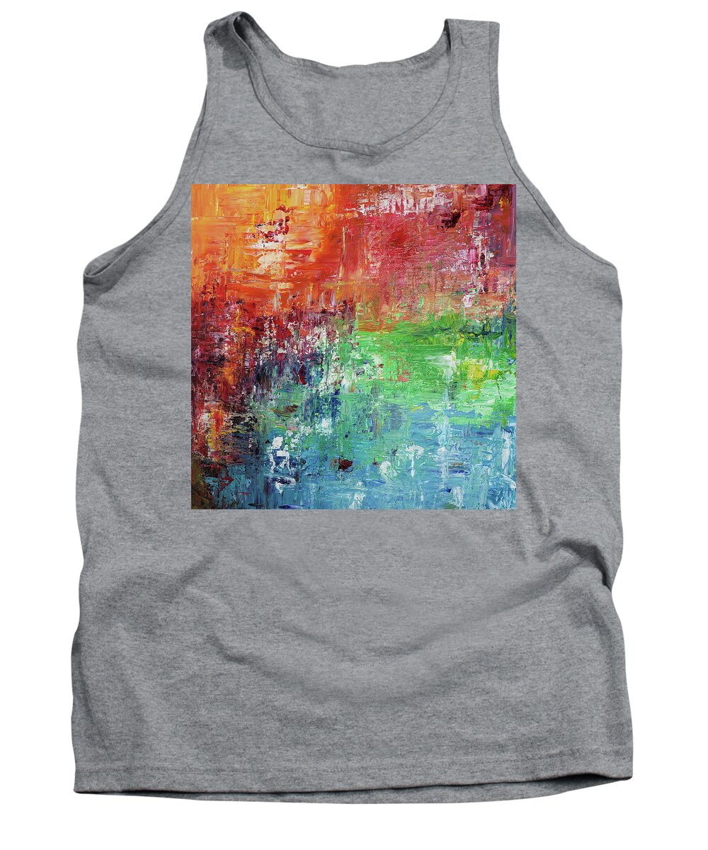 Colorful Abstract Painting Tank Top featuring the painting SUNSET BY THE POND Abstract In Primary Colors Red Blue Green Orange Yellow by Lynnie Lang
