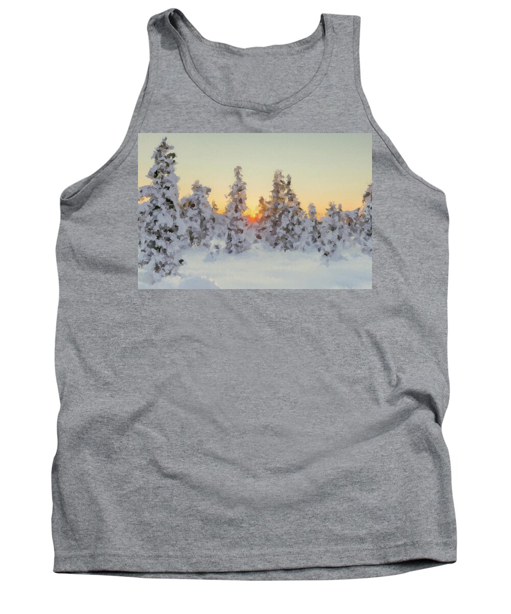 Winter Tank Top featuring the painting Sunset in Winter Forest by Alex Mir