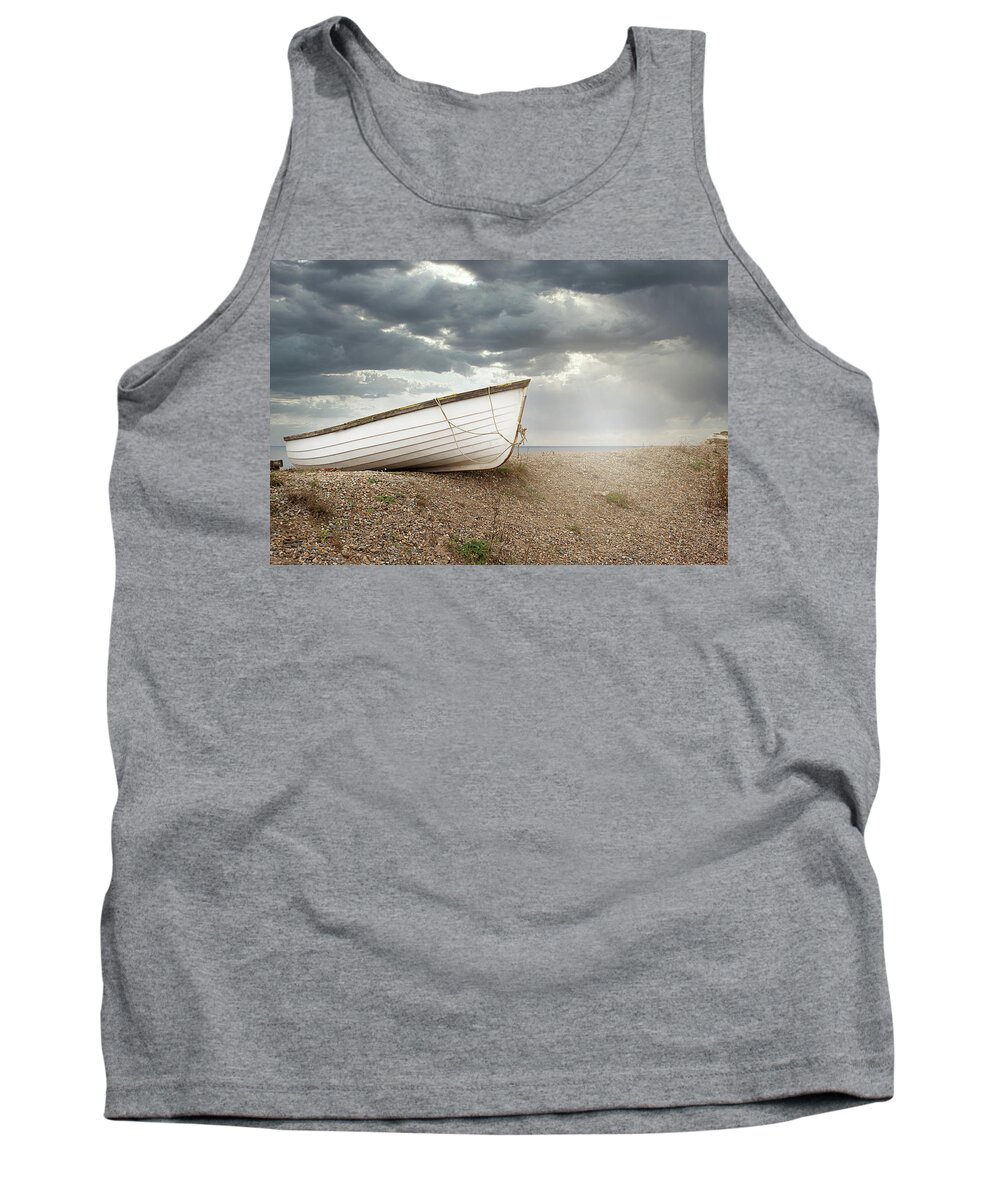 Boat Tank Top featuring the photograph The Boat on Shore by Karen Varnas
