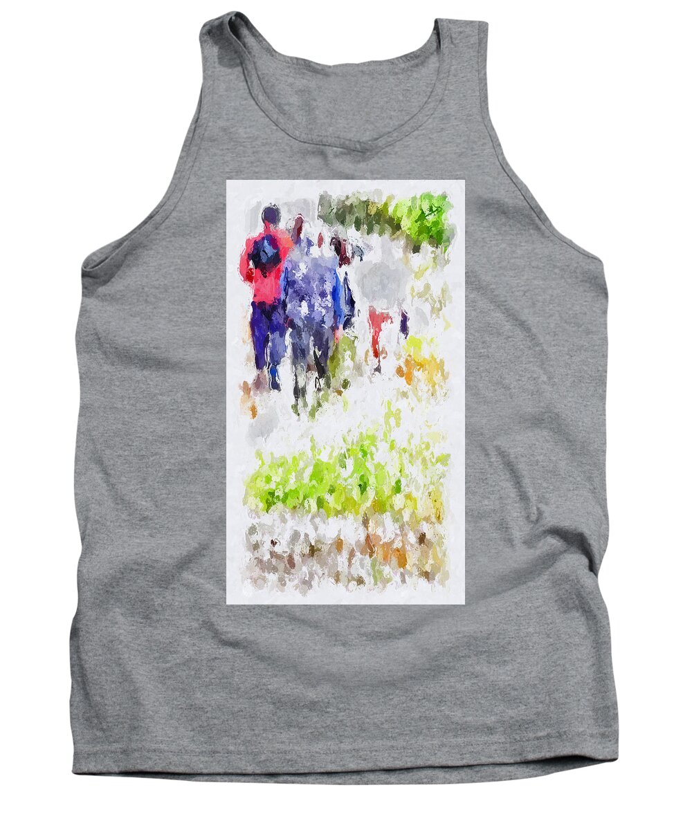 Hikers Silhouettes Trees Green Orange Grass Blue Jacket Red Backpack Grey Red Pants White Black Brown Tank Top featuring the digital art The Hike by Kathleen Boyles