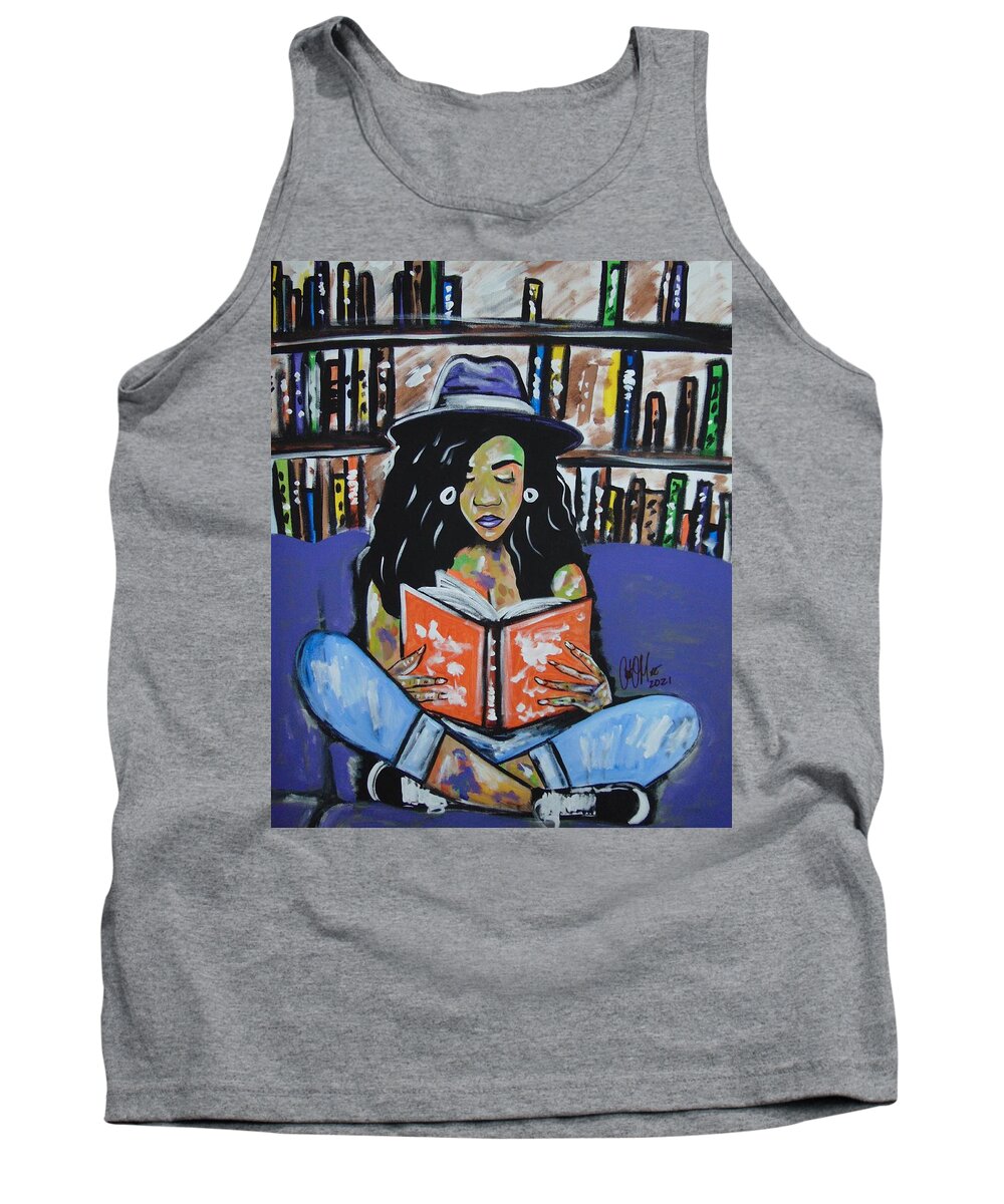 Woman Reading Tank Top featuring the painting The Melanin Reader by Antonio Moore