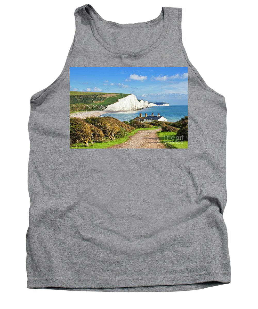 Seven Sisters Cliffs Tank Top featuring the photograph The Seven Sisters cliffs and coastguard cottages, South Downs, East Sussex, England by Neale And Judith Clark