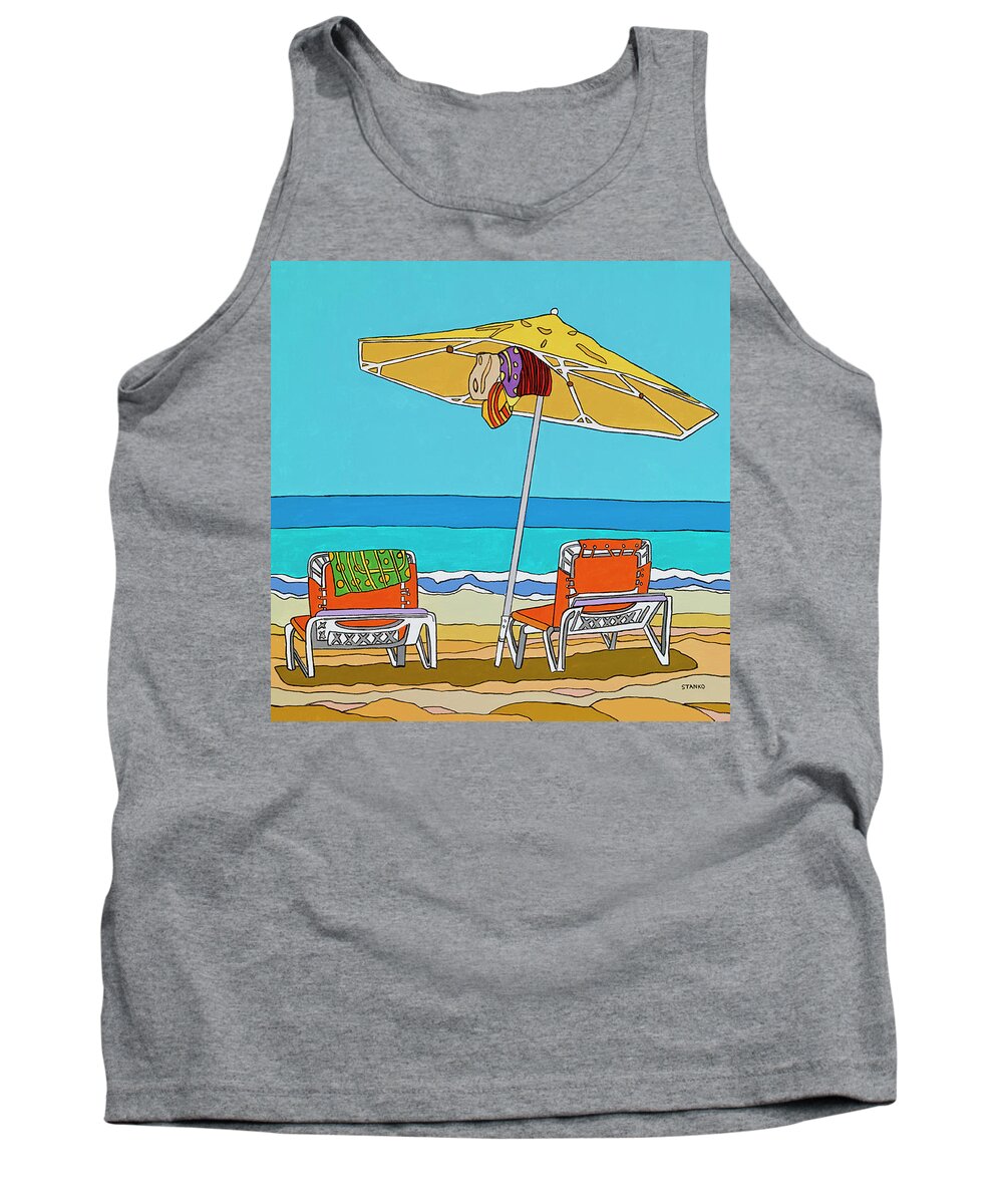 Beach Chairs Sand Ocean Water Summer Umbrella Tank Top featuring the painting The yellow umbrella by Mike Stanko