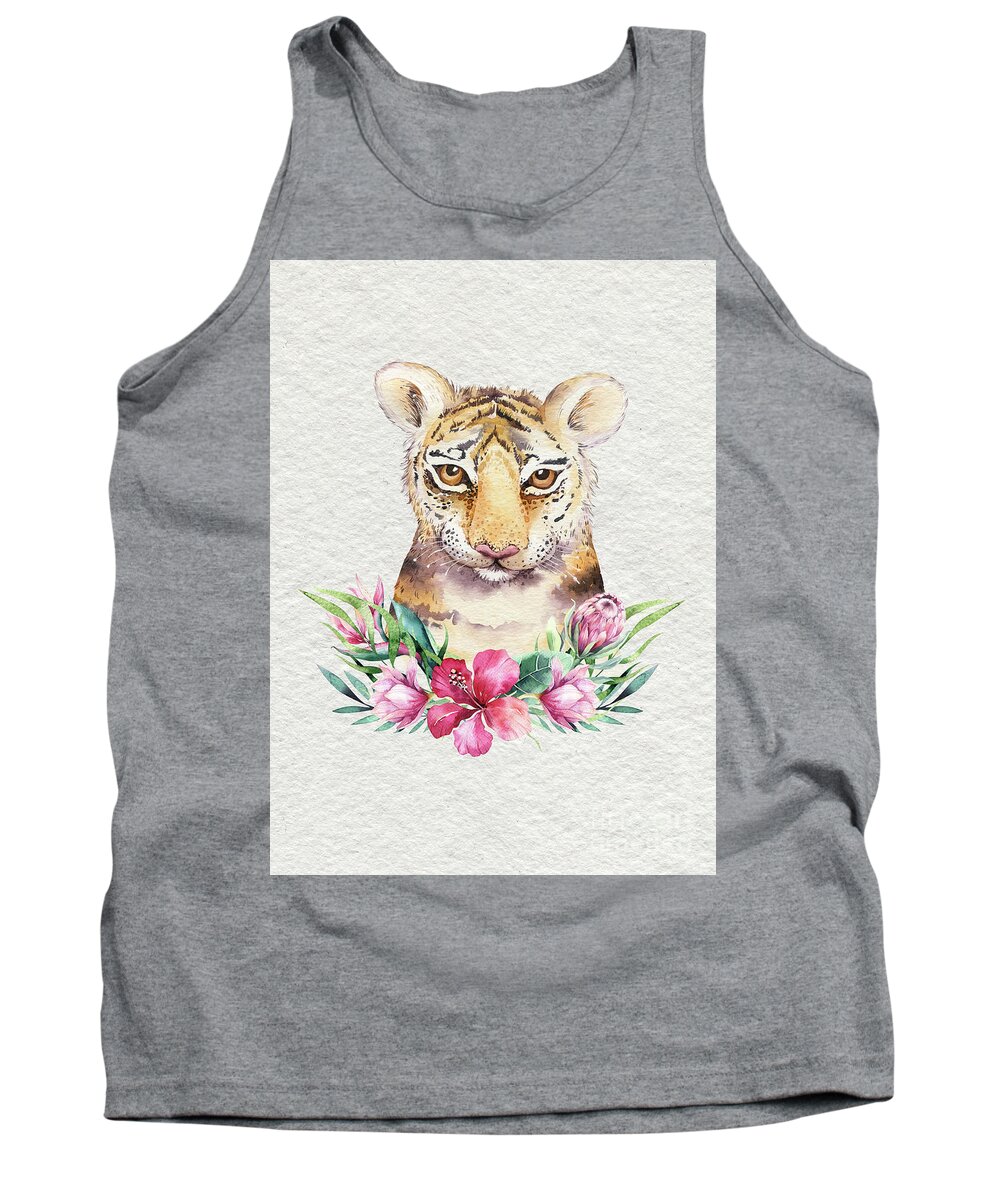Tiger With Flowers Tank Top featuring the painting Tiger With Flowers by Nursery Art