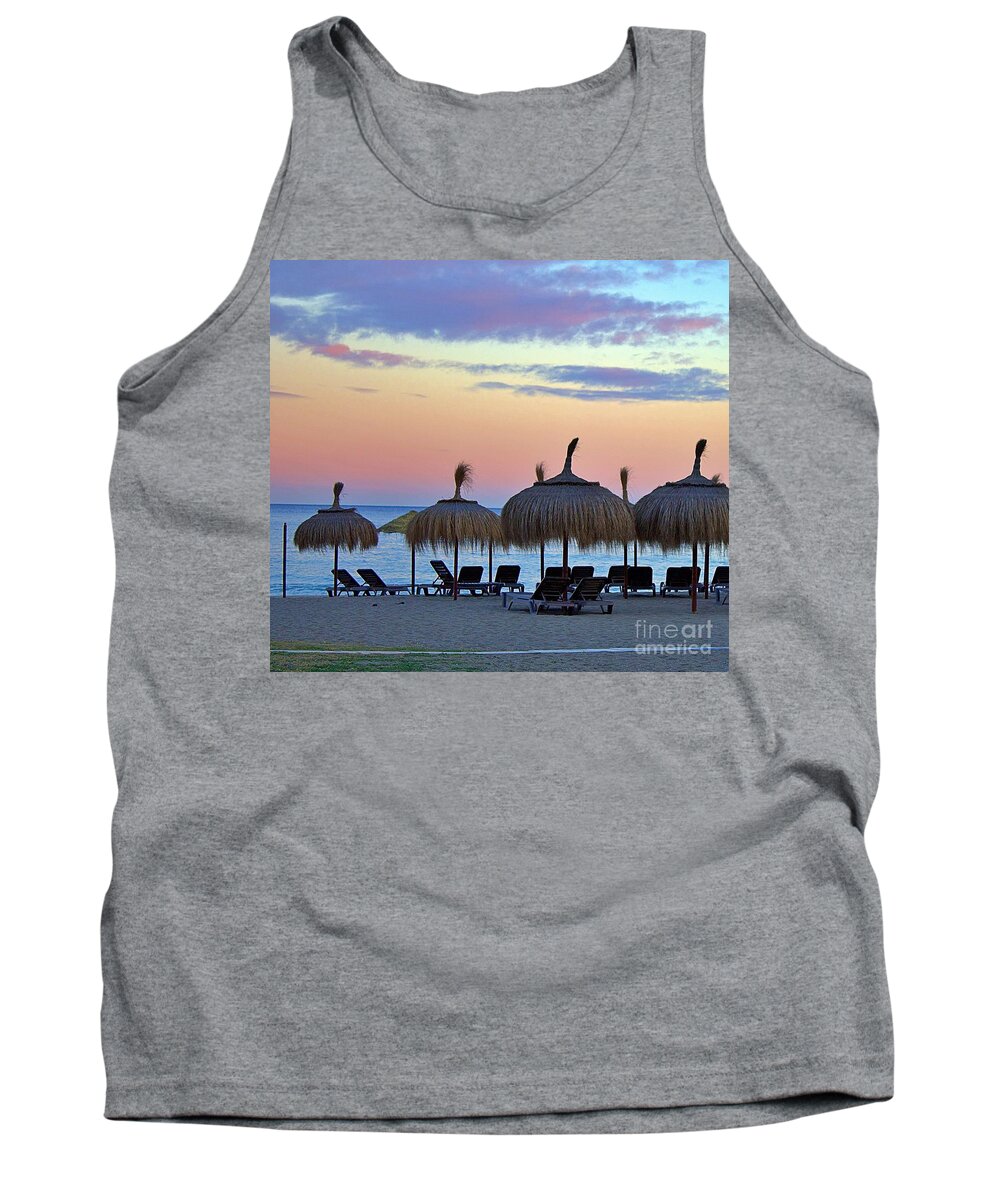 Andalusia Tank Top featuring the photograph Tiki Umbrellas and Sunsets by Yvonne M Smith