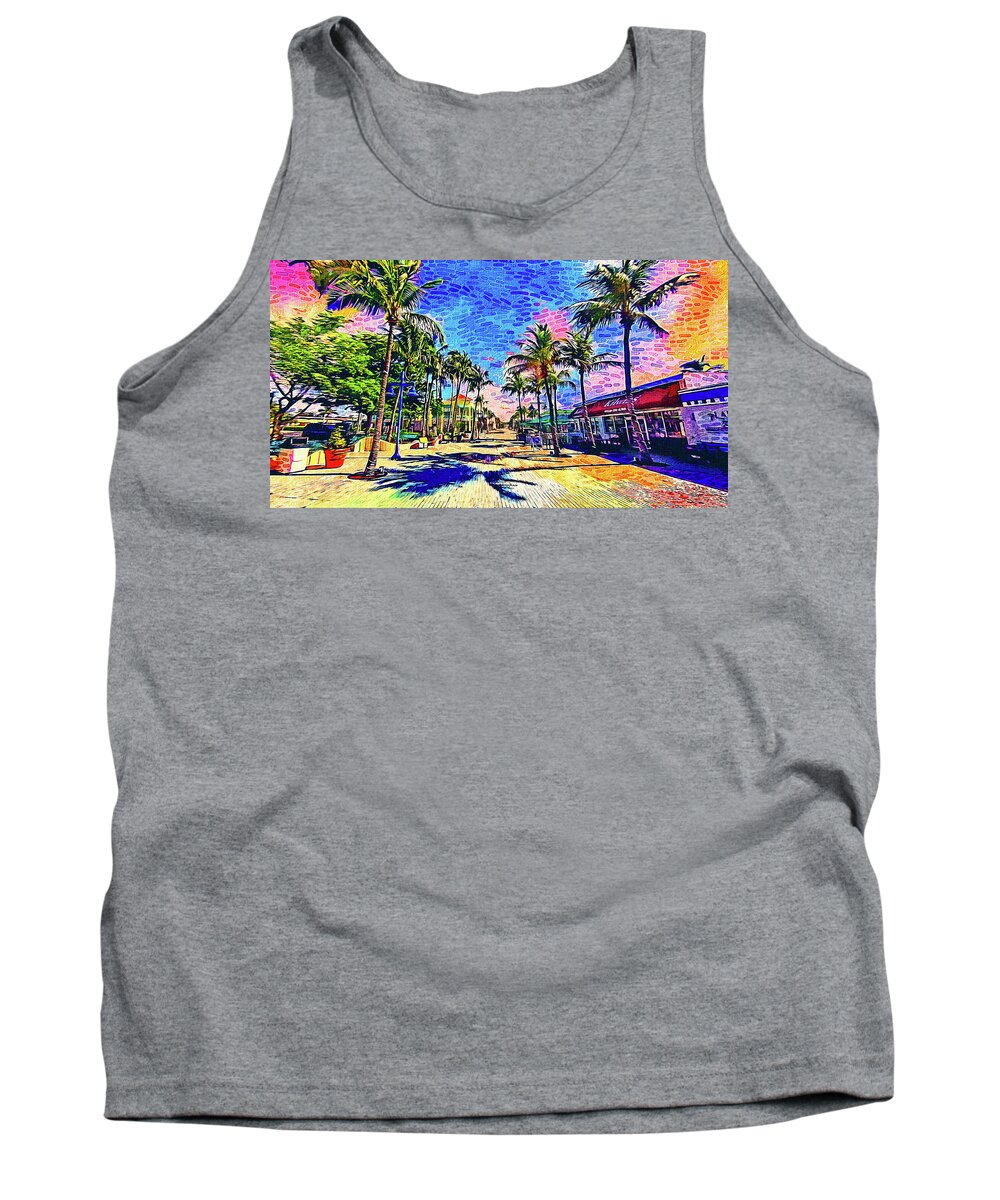Fort Myers Tank Top featuring the digital art Times Square, Fort Myers, at sunrise - impressionist painting by Nicko Prints