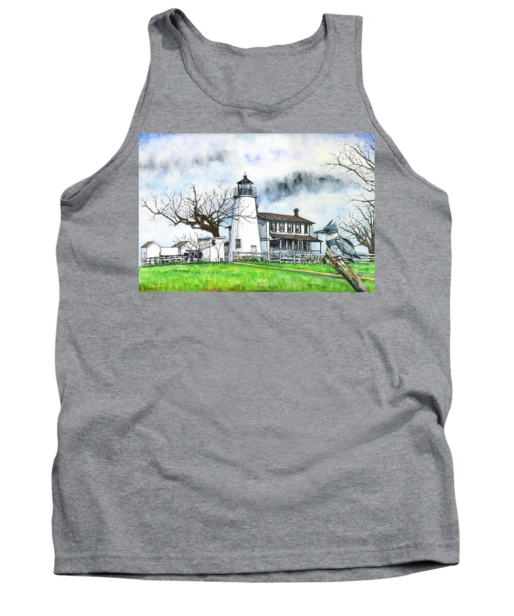 Chesapeake Bay Tank Top featuring the painting Turkey Point Lighthouse Watercolor by John D Benson