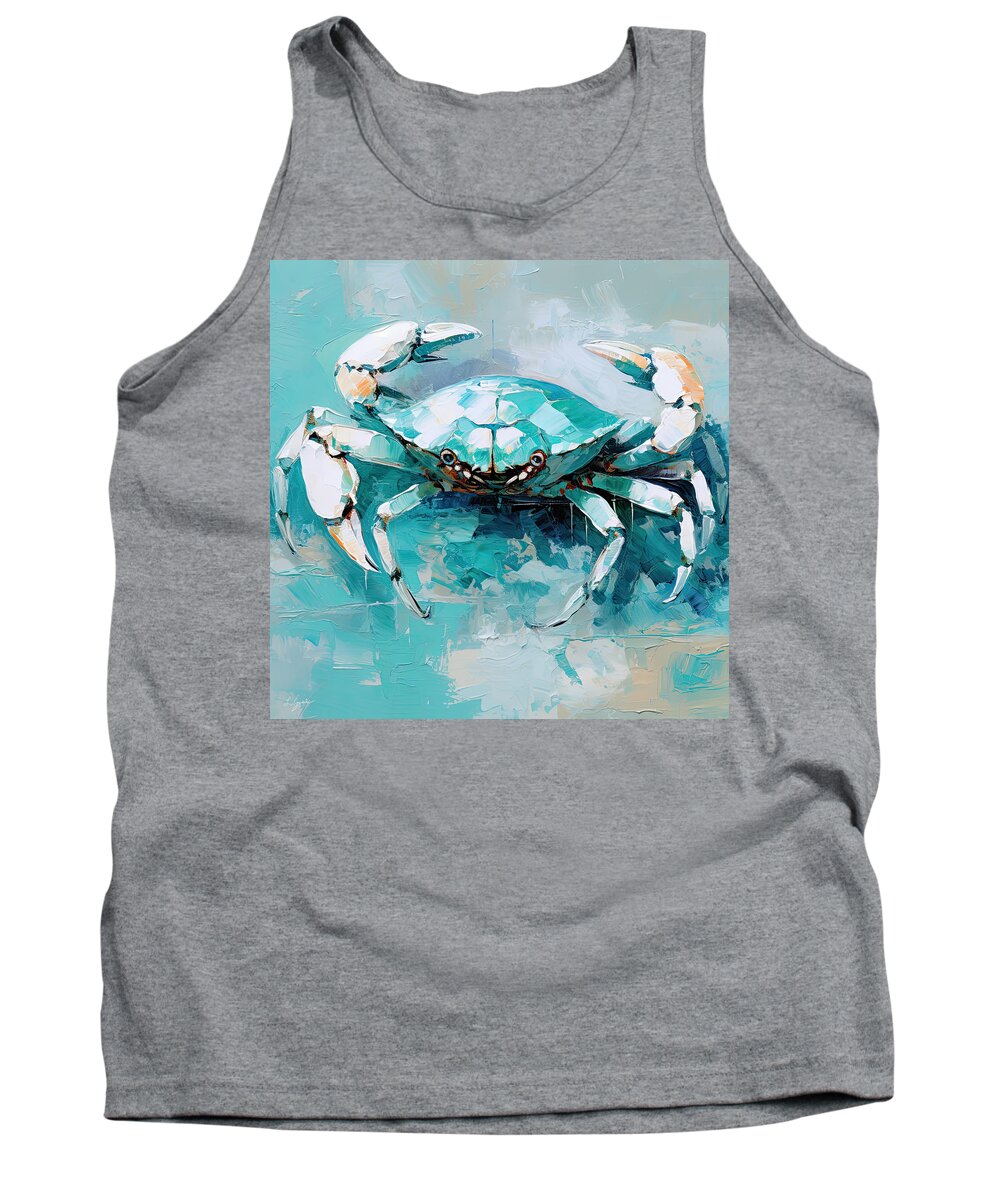 Seashell Tank Top featuring the painting Turquoise and White Crab - Turquoise and White Art by Lourry Legarde