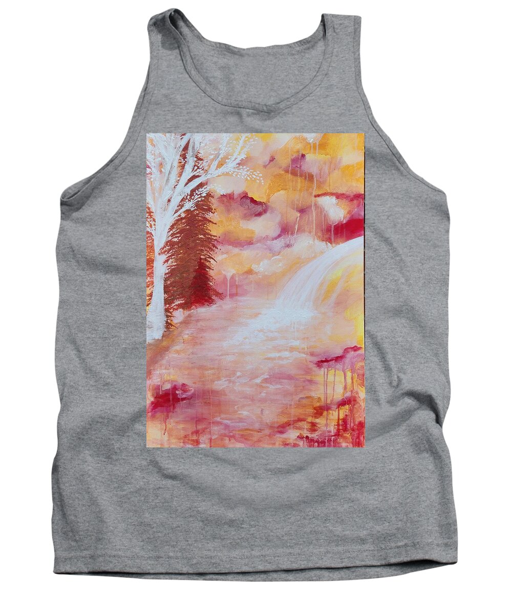 Waterfall Tank Top featuring the painting Vibrant Forest with Waterfall by Lynne McQueen