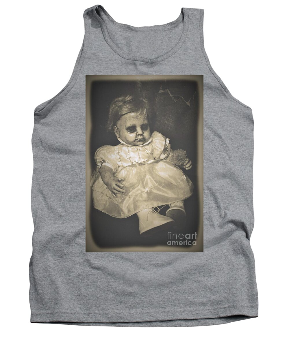 Vintage Baby Doll Creepy Dead Infant Halloween Spirit Spirits Haunted Haunting Zombie Zombies Shoes Dress Child Boy Girl Dress Ghost Ghosts Photo Photos Tank Top featuring the photograph Vintage Baby by Beverly Shelby