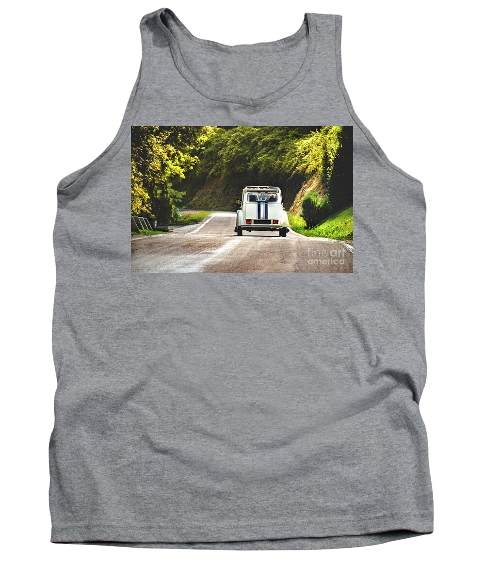 Vintage Tank Top featuring the photograph Vintage Car Country Winding Road Back View Friends Road Trip by Luca Lorenzelli