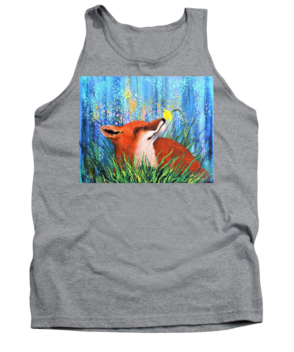 Wall Art Home Décor Vulpes Spring Red Fox Gift Idea Acrylic Painting Abstract Painting Flower Yellow Flower Yellow Daffodil Fox Spring Orange And Blue Color Tank Top featuring the painting Vulpes Spring by Tanya Harr