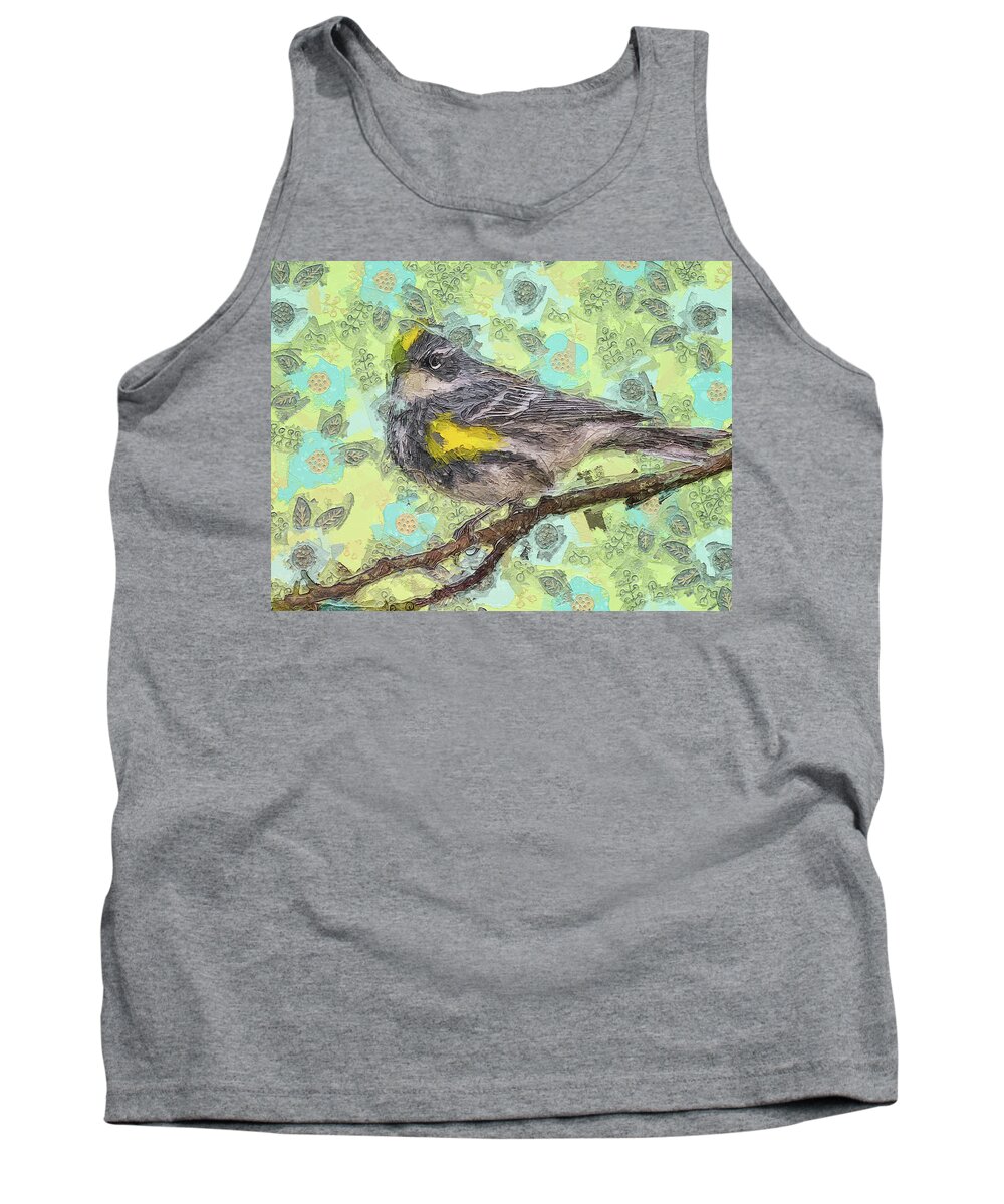 Warbler On Floral Background Tank Top featuring the painting Warbler On Floral Background by Dan Sproul