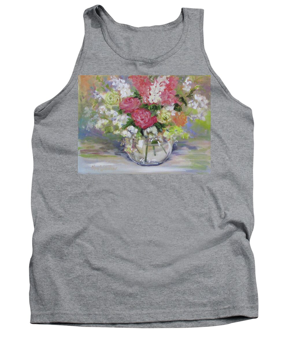 Floral Print Tank Top featuring the painting Water Vase With Pink Roses and White Flowers by Cheri Wollenberg