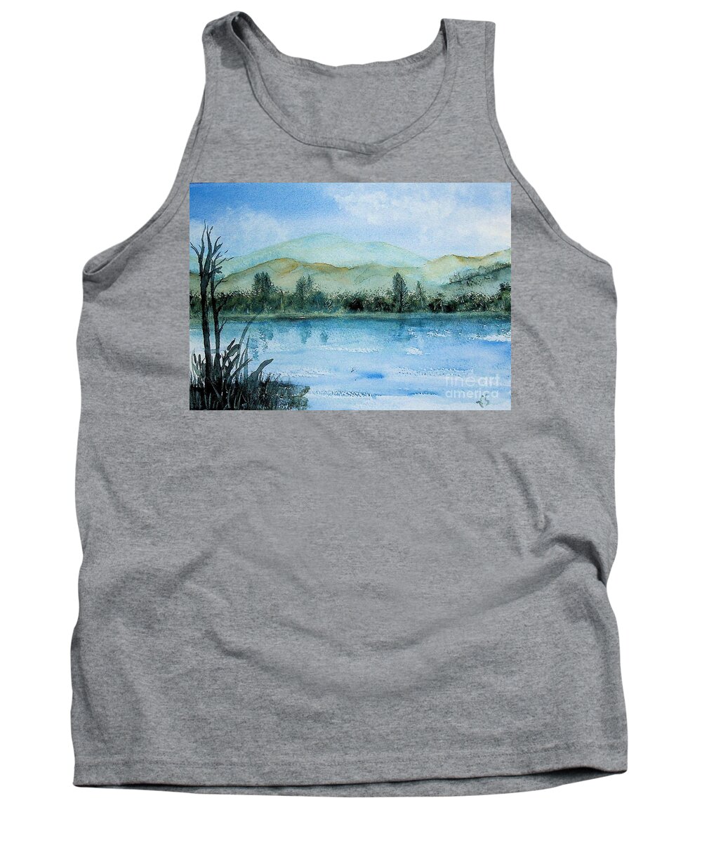 Watercolor Tank Top featuring the painting Watercolor Landscape river and mountains by Valerie Shaffer