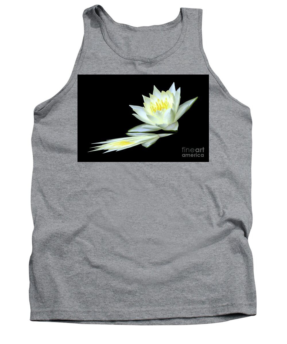 Water Lily; Water Lilies; Lily; Lilies; Flowers; Flower; Floral; Flora; White; Yellow; Black; Reflection; Digital Art; Photography; Painting; Simple; Decorative; Décor; Macro; Close-up Tank Top featuring the photograph White Lily Reflection by Tina Uihlein